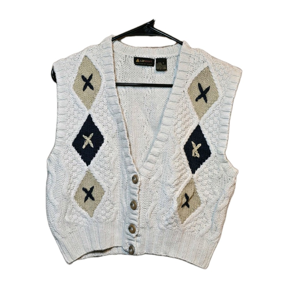 ๐๐งถโ Vintage Lizsport Hand-Knitted Argyle Button-Up Vest Women's Size S